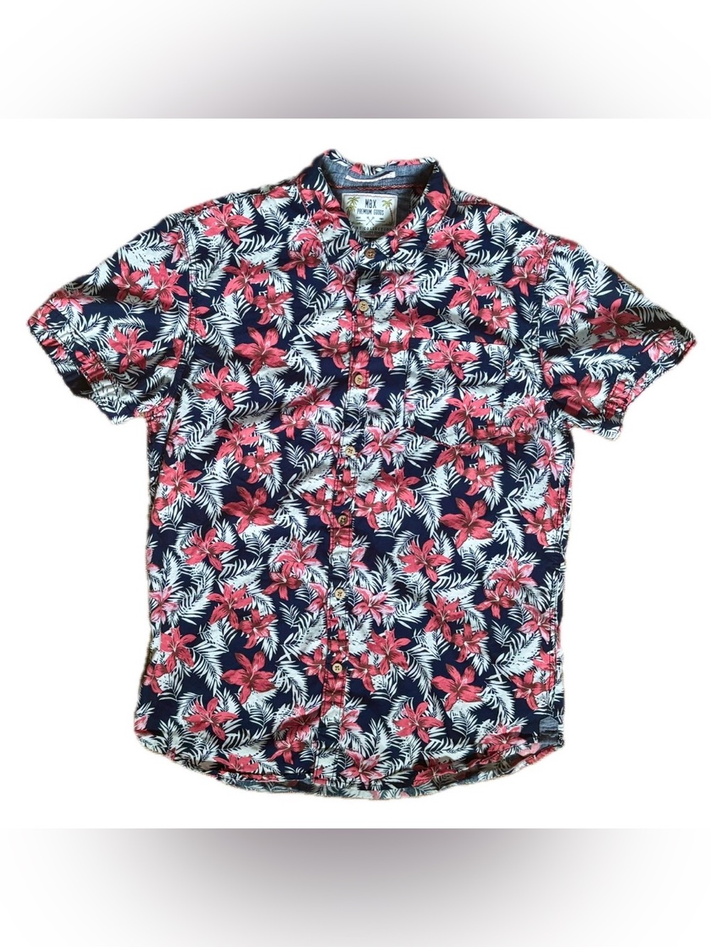 MBX Premium Goods Hawaiian Shirt Sz Medium Floral Pink Flowers Tropical Skater
